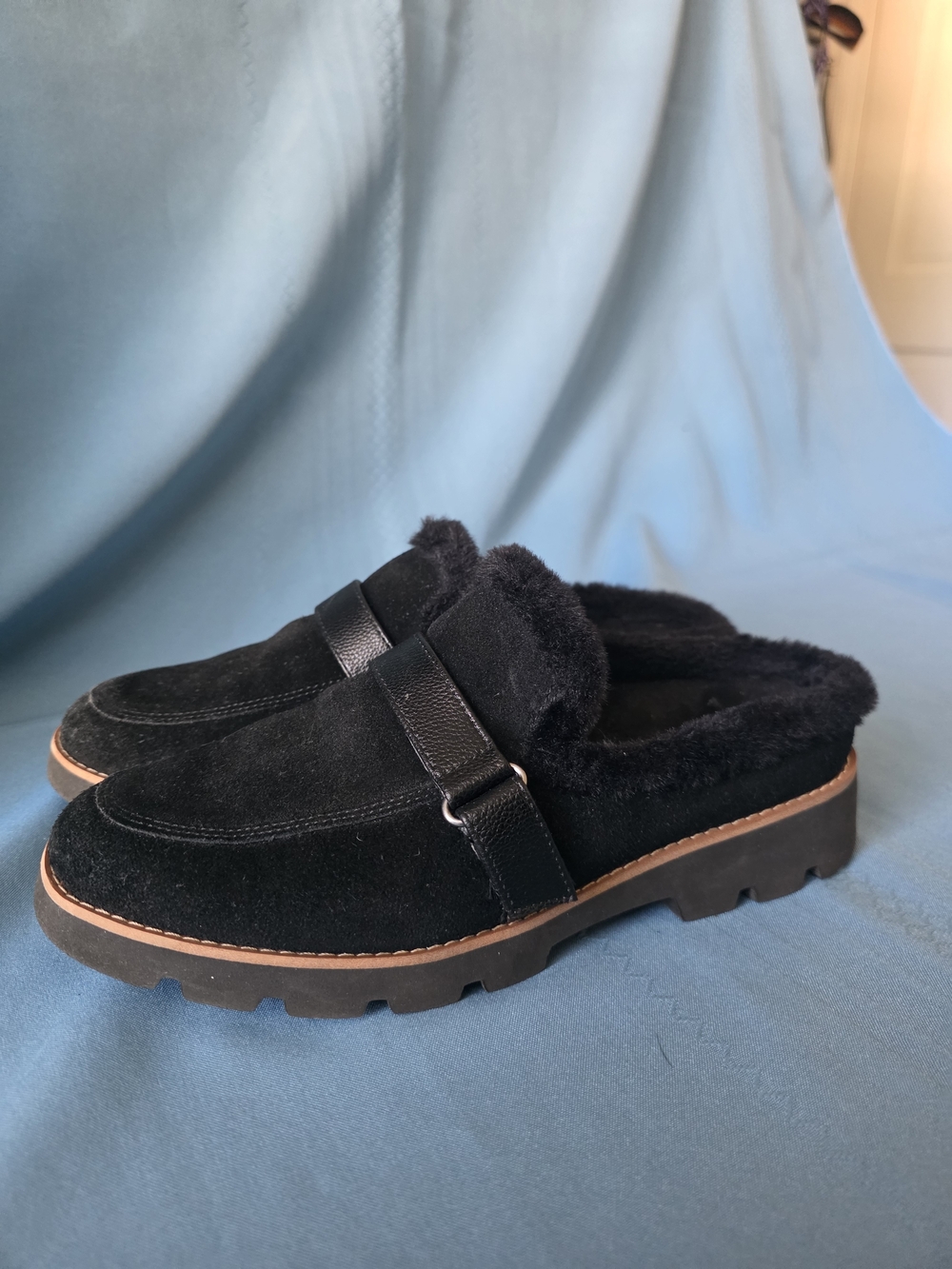 Vionic Kailen Black Suede Faux Shearling Orthotic Mules Clogs Size 8